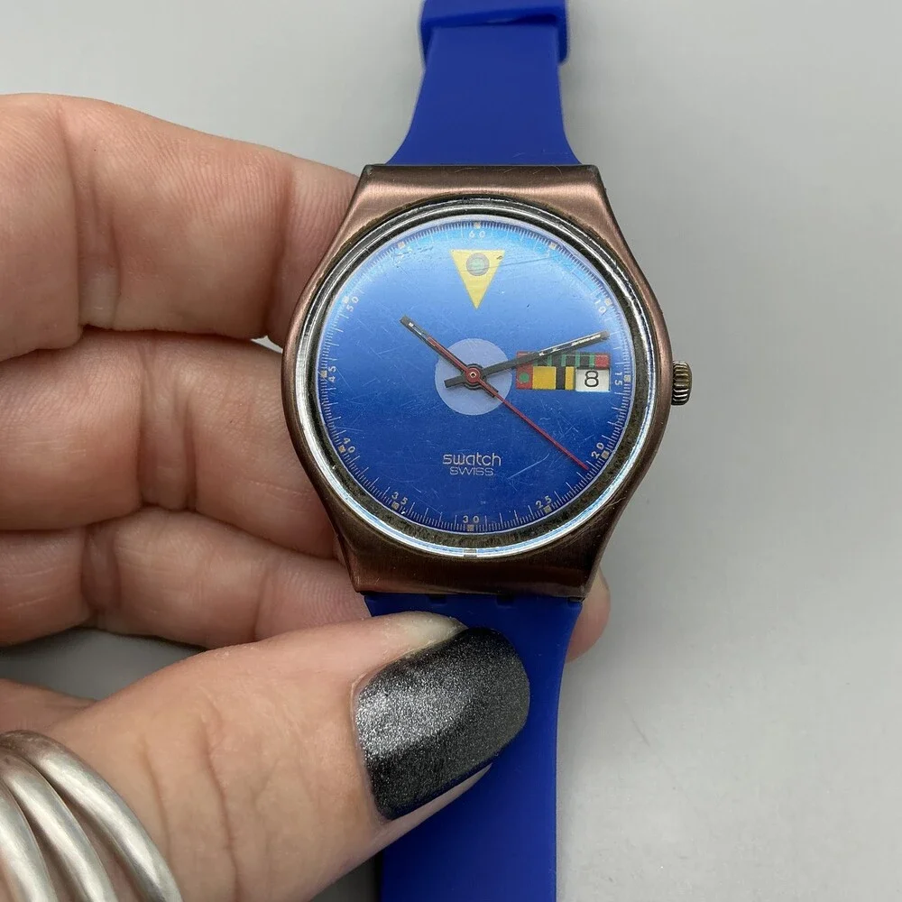 Vintage Tango Azul Swatch Mens Watch 34mm Blue Dial Silicone Date New Battery